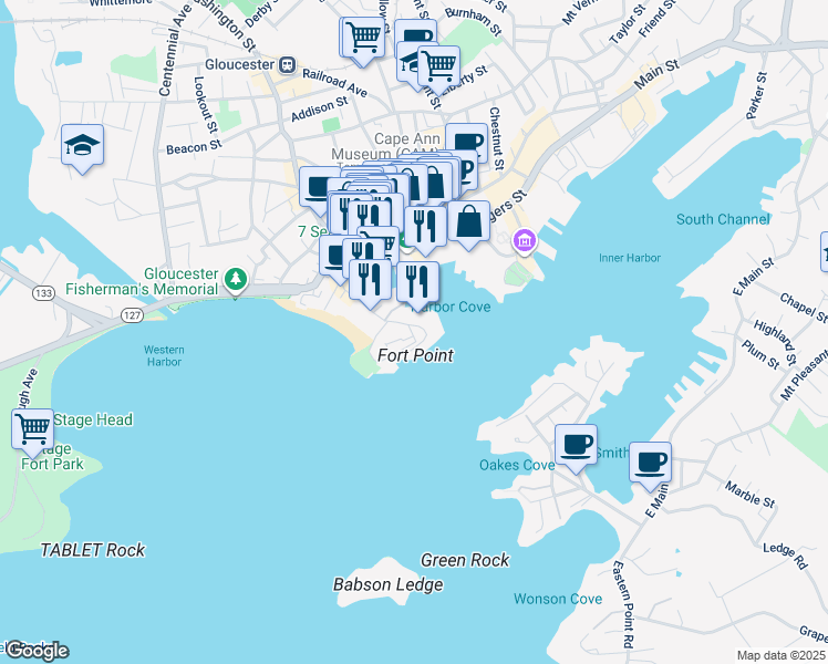 map of restaurants, bars, coffee shops, grocery stores, and more near 53 Fort Square in Gloucester