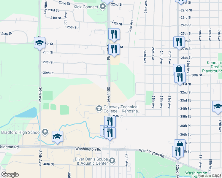 map of restaurants, bars, coffee shops, grocery stores, and more near 3074-3222 30th Avenue in Kenosha
