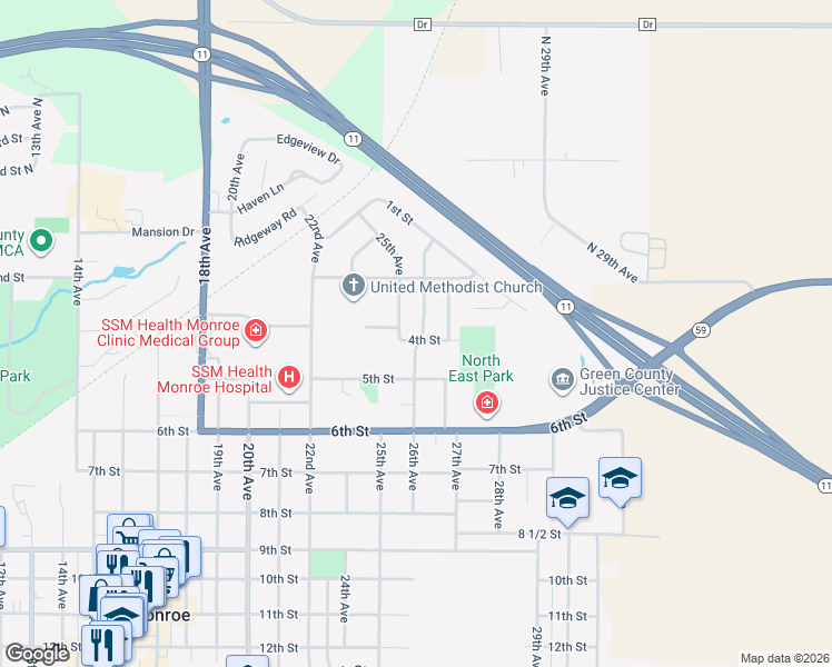 map of restaurants, bars, coffee shops, grocery stores, and more near 2607 4th Street in Monroe