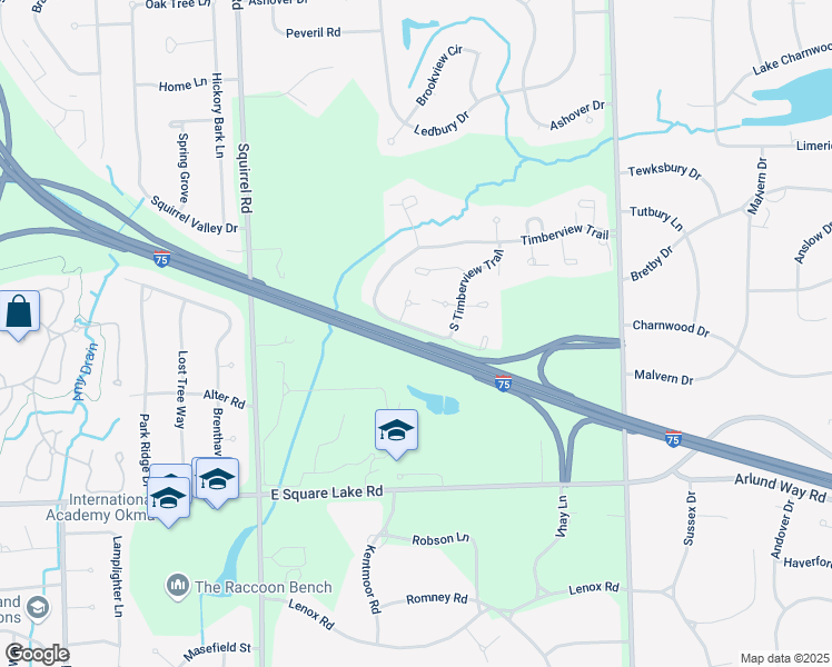 map of restaurants, bars, coffee shops, grocery stores, and more near 1239 South Timberview Trail in Bloomfield Hills