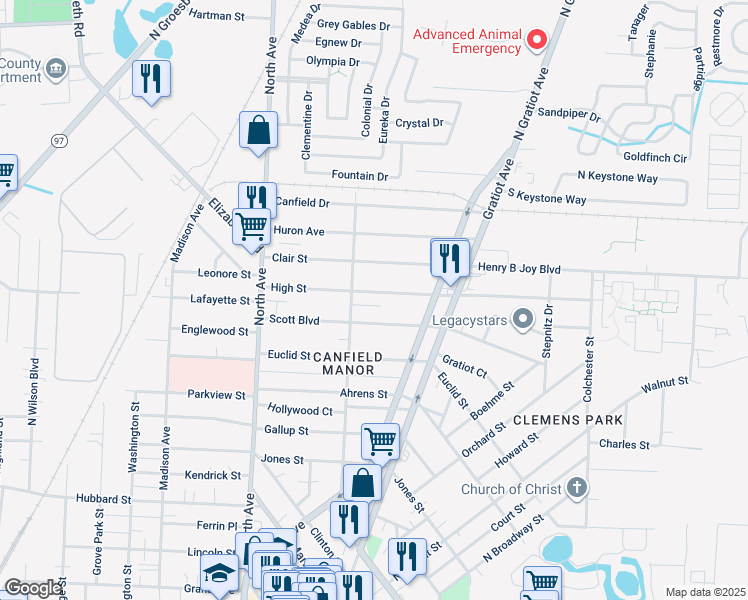 map of restaurants, bars, coffee shops, grocery stores, and more near 61 High Street in Mount Clemens
