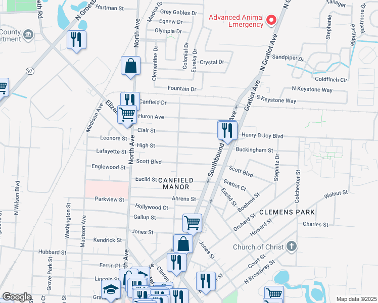 map of restaurants, bars, coffee shops, grocery stores, and more near 61 High Street in Mount Clemens