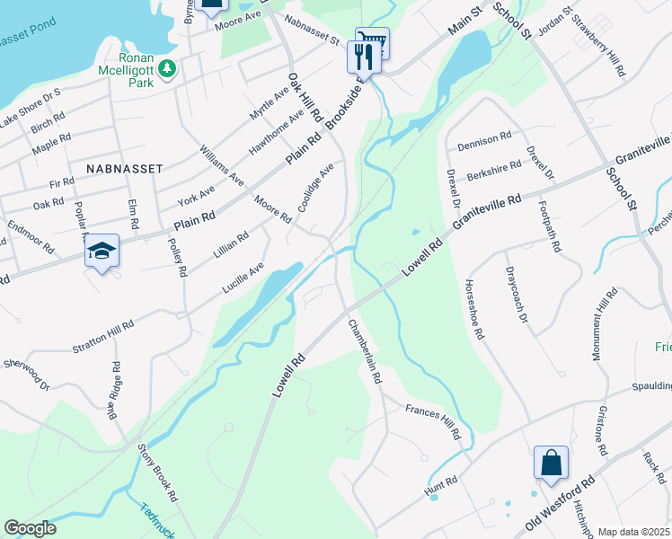 map of restaurants, bars, coffee shops, grocery stores, and more near 12 Brookside Road in Westford