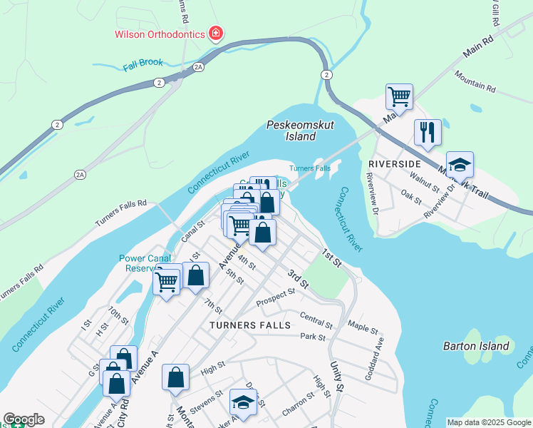 map of restaurants, bars, coffee shops, grocery stores, and more near 1 Gatehouse Drive in Montague