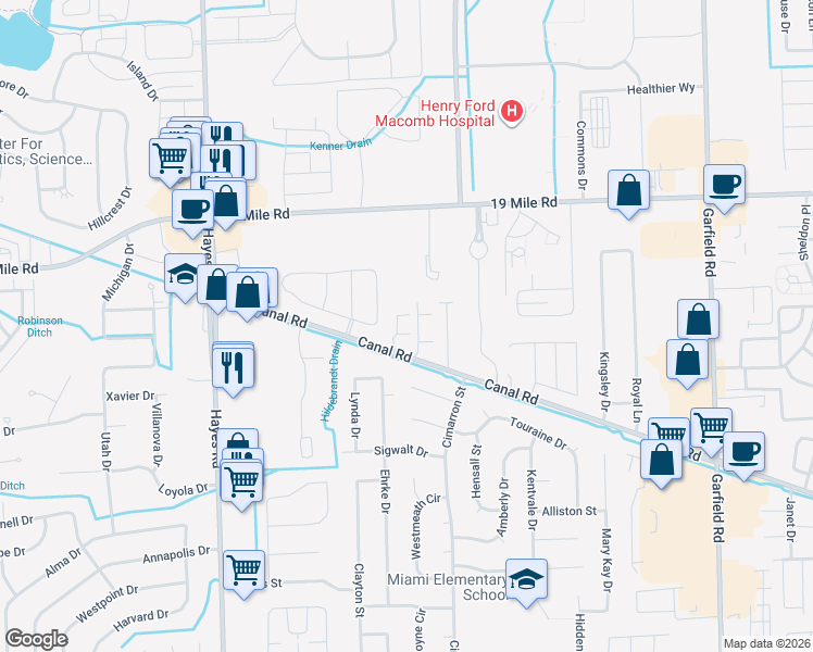 map of restaurants, bars, coffee shops, grocery stores, and more near 15739 Canal Road in Clinton Township