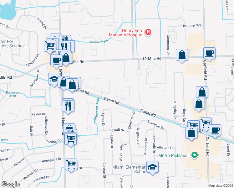 map of restaurants, bars, coffee shops, grocery stores, and more near 15739 Canal Road in Clinton Township