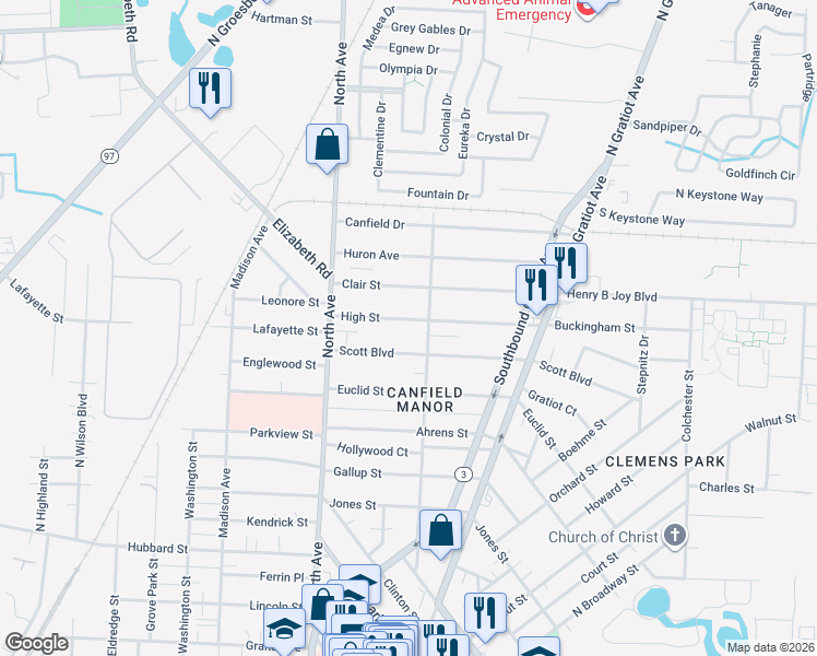 map of restaurants, bars, coffee shops, grocery stores, and more near 93 High Street in Mount Clemens