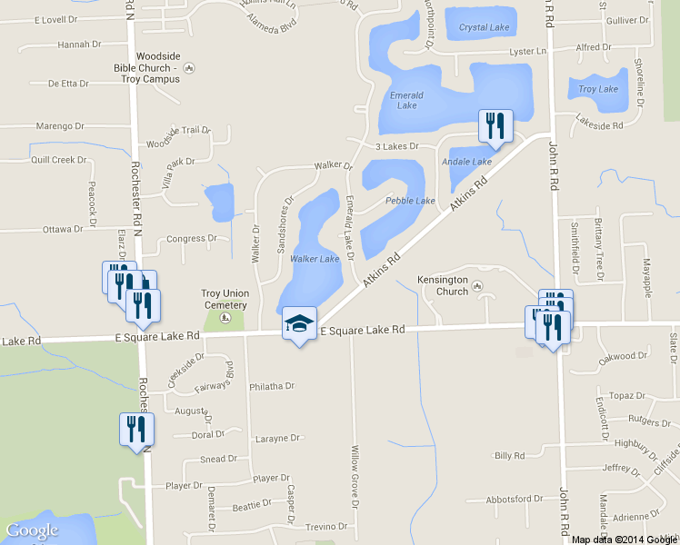 map of restaurants, bars, coffee shops, grocery stores, and more near 6141 Emerald Lake Drive in Troy