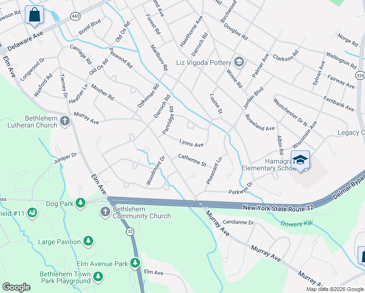 map of restaurants, bars, coffee shops, grocery stores, and more near 33 Catherine Street in Delmar