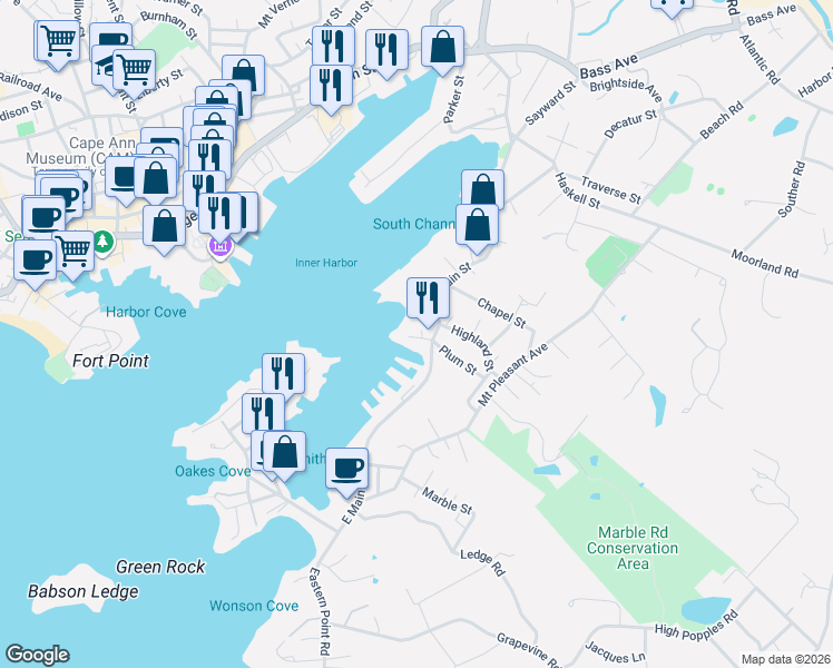 map of restaurants, bars, coffee shops, grocery stores, and more near 5 Pirates Lane in Gloucester
