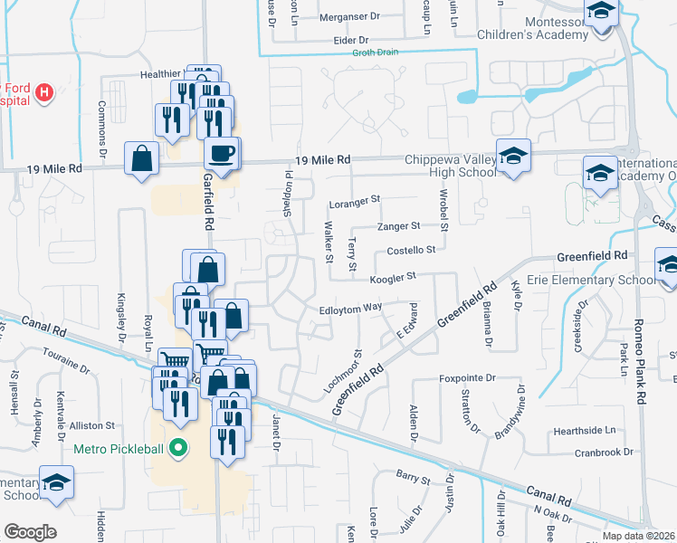map of restaurants, bars, coffee shops, grocery stores, and more near 42448 Walker Street in Clinton Township
