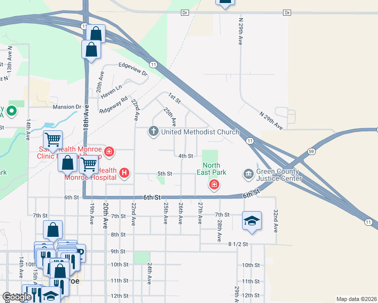 map of restaurants, bars, coffee shops, grocery stores, and more near 2607 4th Street in Monroe