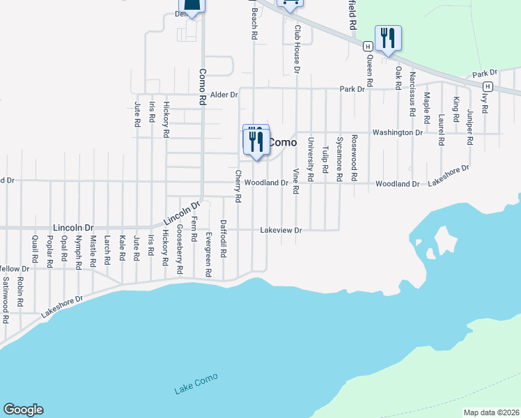 map of restaurants, bars, coffee shops, grocery stores, and more near N3232 Beach Road in Lake Geneva