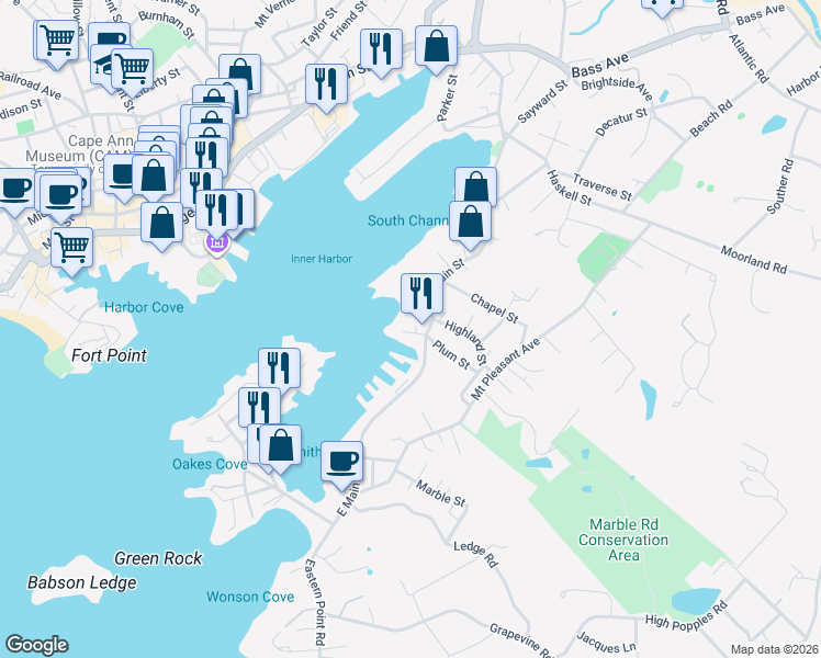map of restaurants, bars, coffee shops, grocery stores, and more near 5 Pirates Lane in Gloucester