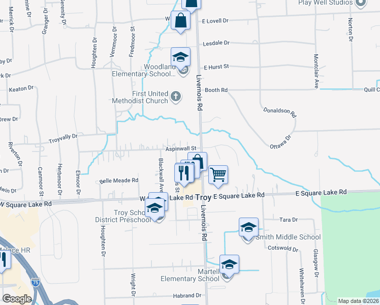map of restaurants, bars, coffee shops, grocery stores, and more near 51 Aspinwall Street in Troy