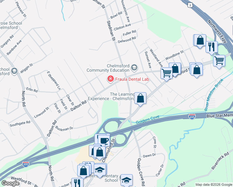 map of restaurants, bars, coffee shops, grocery stores, and more near 5 Hidden Way in Chelmsford