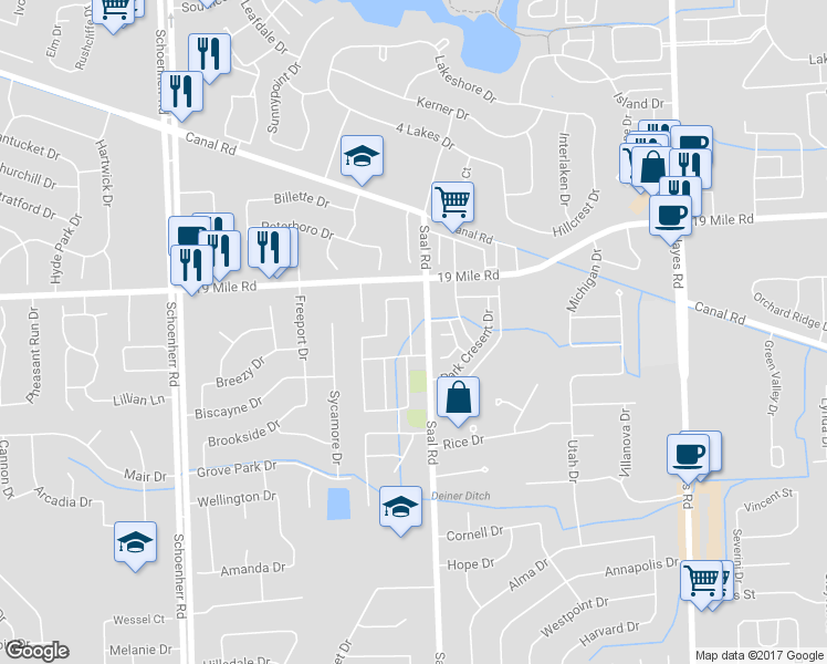 map of restaurants, bars, coffee shops, grocery stores, and more near 42876 Broadmoor Drive in Sterling Heights