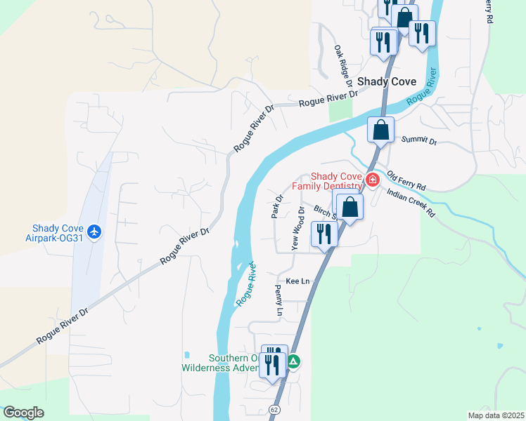 map of restaurants, bars, coffee shops, grocery stores, and more near 500 Park Drive in Shady Cove