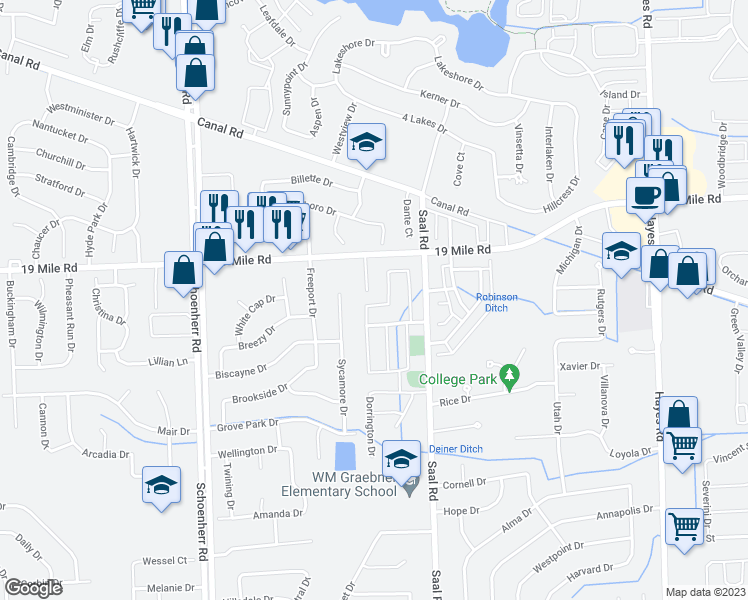 map of restaurants, bars, coffee shops, grocery stores, and more near 42769 Greystone Drive in Sterling Heights
