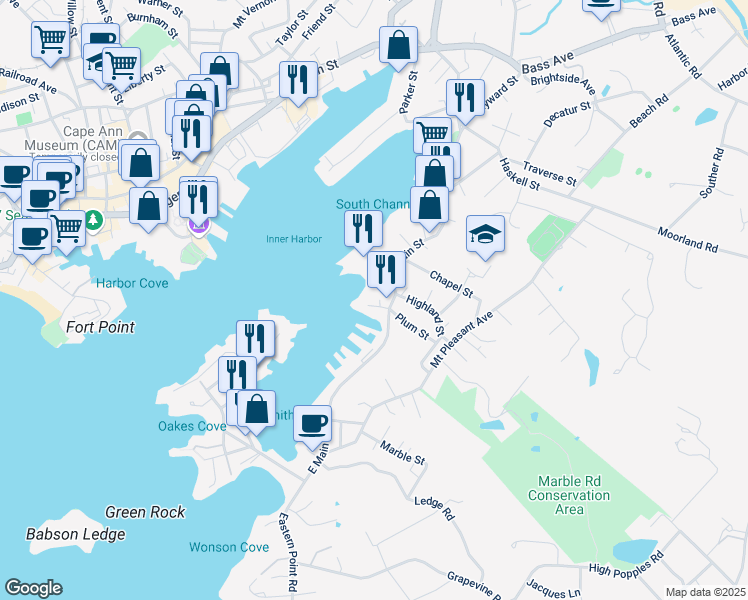 map of restaurants, bars, coffee shops, grocery stores, and more near 5 Pirates Lane in Gloucester