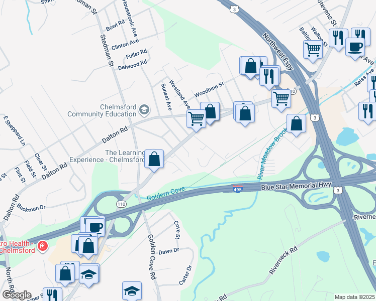 map of restaurants, bars, coffee shops, grocery stores, and more near 8 Maple Avenue in Chelmsford