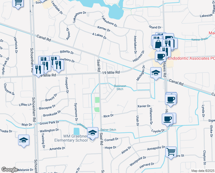 map of restaurants, bars, coffee shops, grocery stores, and more near 42789 Richmond Drive in Sterling Heights
