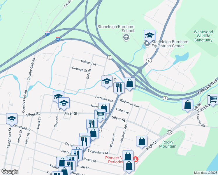 map of restaurants, bars, coffee shops, grocery stores, and more near 21 Ferrante Avenue in Greenfield