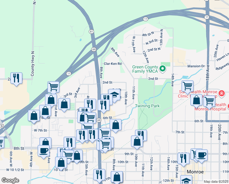 map of restaurants, bars, coffee shops, grocery stores, and more near 316 9th Avenue in Monroe