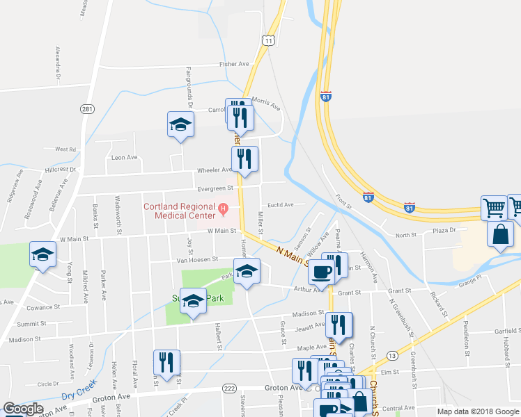 map of restaurants, bars, coffee shops, grocery stores, and more near 18 Miller Street in Cortland