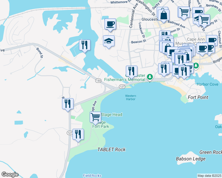 map of restaurants, bars, coffee shops, grocery stores, and more near 44 Essex Avenue in Gloucester