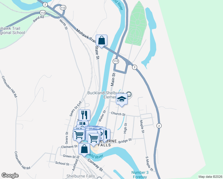 map of restaurants, bars, coffee shops, grocery stores, and more near 89 Main Street in Shelburne Falls