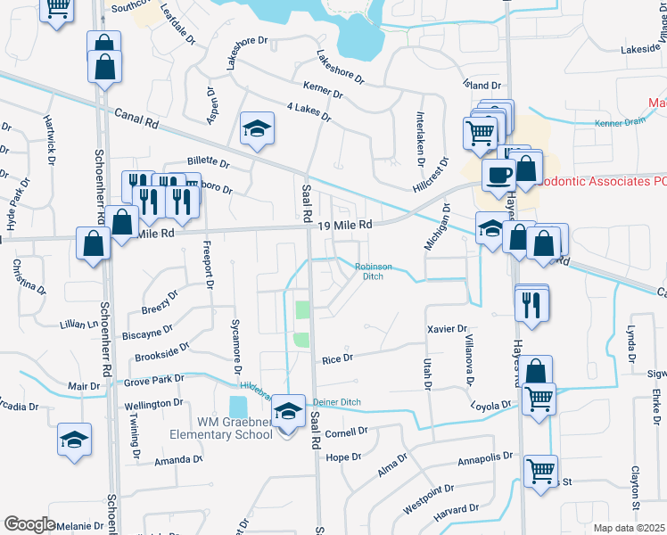 map of restaurants, bars, coffee shops, grocery stores, and more near 42789 Richmond Drive in Sterling Heights