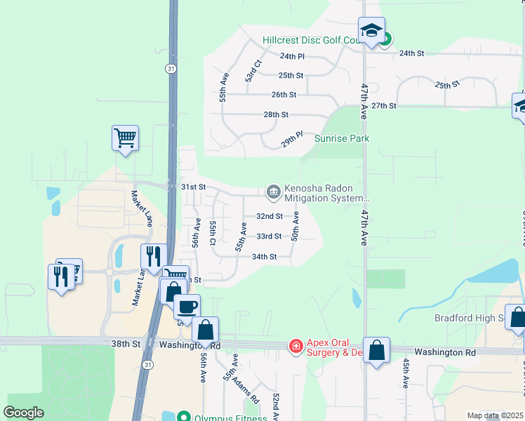 map of restaurants, bars, coffee shops, grocery stores, and more near 5207 32nd Street in Kenosha