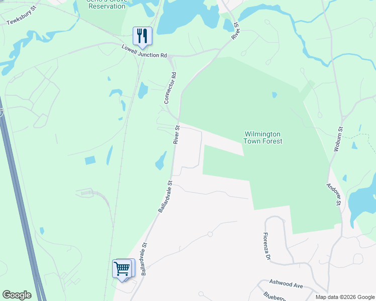 map of restaurants, bars, coffee shops, grocery stores, and more near 375 Ballardvale Street in Wilmington