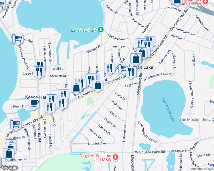 map of restaurants, bars, coffee shops, grocery stores, and more near 2451 Orchard Lake Road in Sylvan Lake