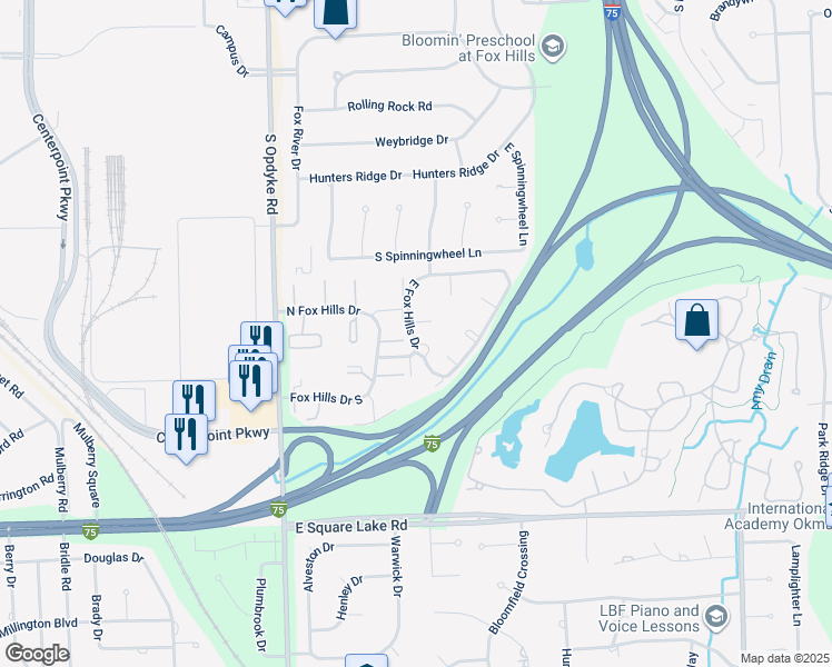 map of restaurants, bars, coffee shops, grocery stores, and more near 613 East Fox Hills Drive in Bloomfield Hills