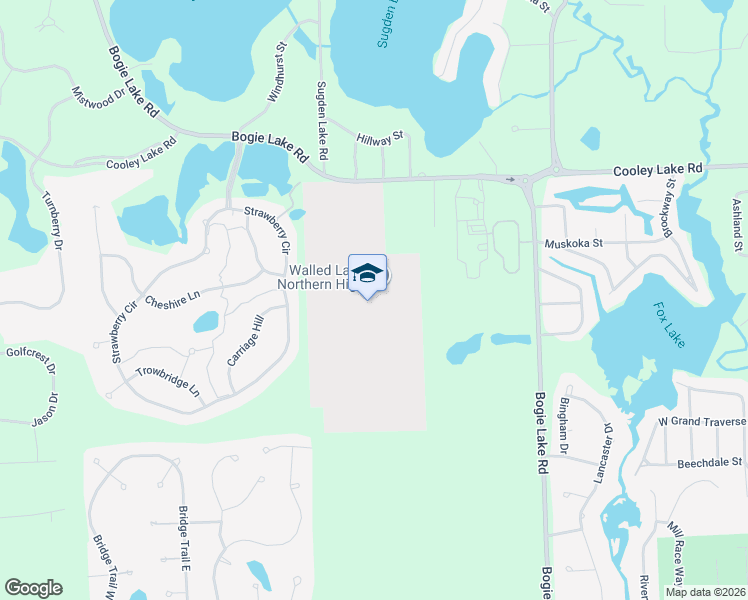 map of restaurants, bars, coffee shops, grocery stores, and more near 6000 Bogie Lake Road in Commerce Charter Township
