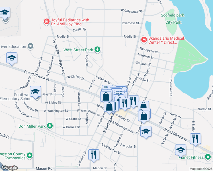 map of restaurants, bars, coffee shops, grocery stores, and more near 217 North Center Street in Howell