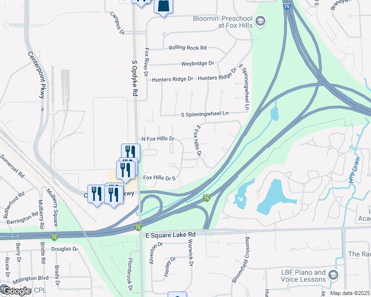 map of restaurants, bars, coffee shops, grocery stores, and more near 583 North Fox Hills Drive in Bloomfield Hills