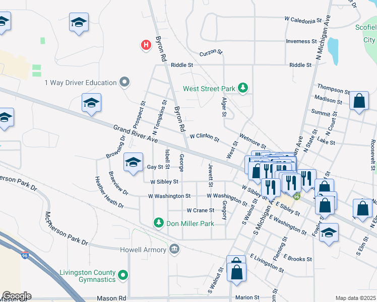 map of restaurants, bars, coffee shops, grocery stores, and more near 645 West Grand River Avenue in Howell