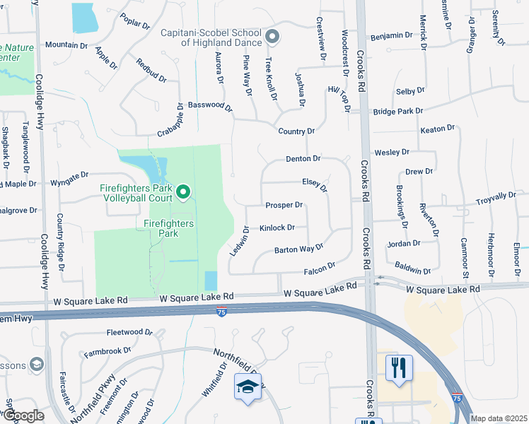 map of restaurants, bars, coffee shops, grocery stores, and more near 1232 Kinlock Drive in Troy
