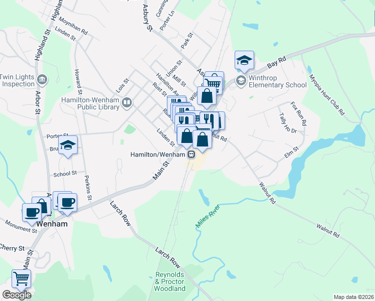 map of restaurants, bars, coffee shops, grocery stores, and more near 300 Main Street in Wenham