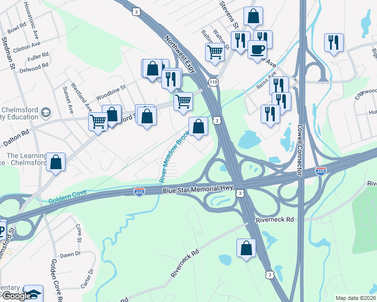 map of restaurants, bars, coffee shops, grocery stores, and more near 37 Glen Avenue in Chelmsford