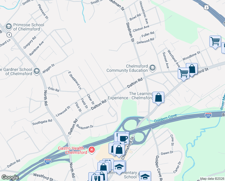 map of restaurants, bars, coffee shops, grocery stores, and more near 6 Miland Avenue in Chelmsford