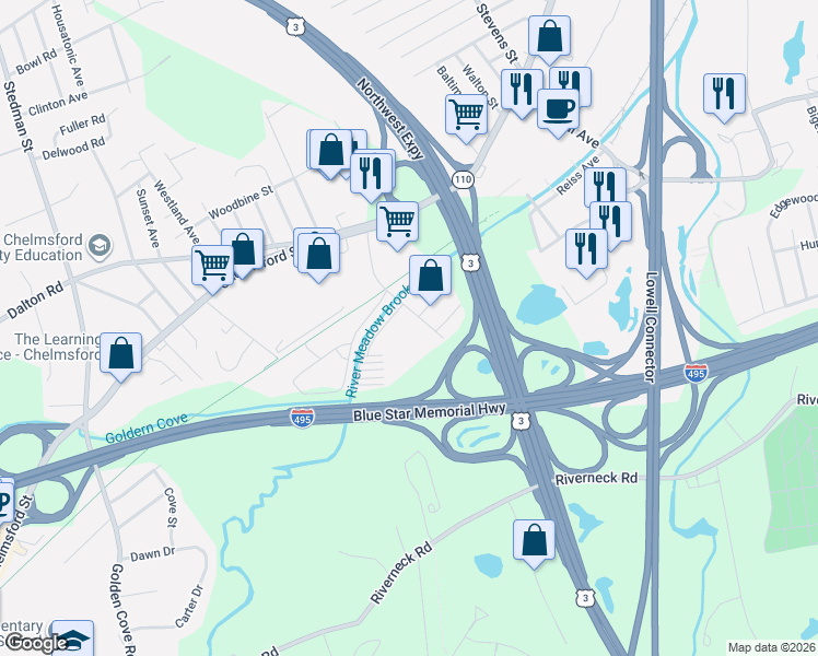 map of restaurants, bars, coffee shops, grocery stores, and more near 37 Glen Avenue in Chelmsford