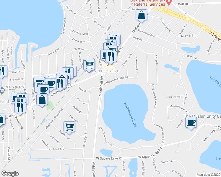 map of restaurants, bars, coffee shops, grocery stores, and more near 2241 North Hammond Lake Road in Oakland County