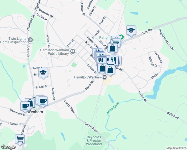 map of restaurants, bars, coffee shops, grocery stores, and more near 194-228 Main Street in Wenham