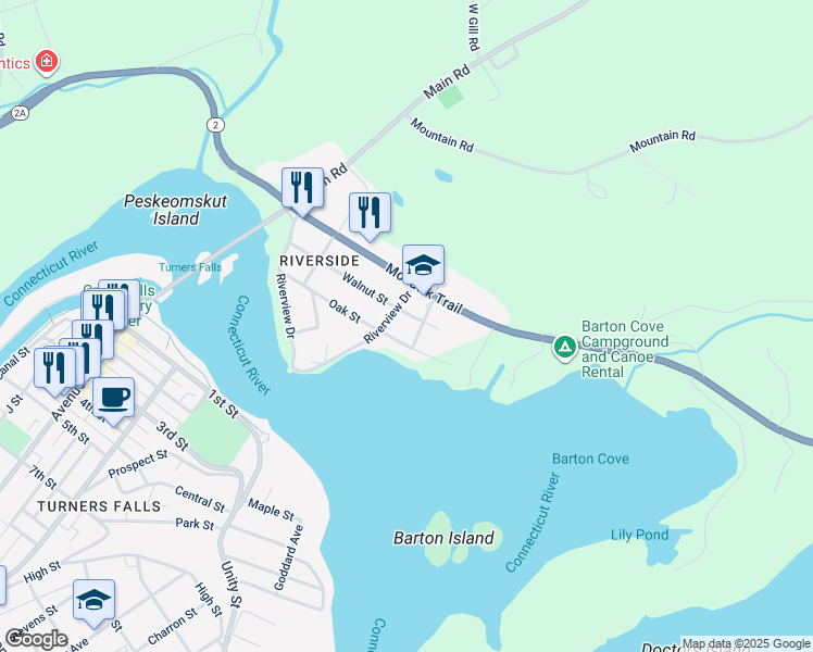 map of restaurants, bars, coffee shops, grocery stores, and more near 25-31 Oak St in Gill