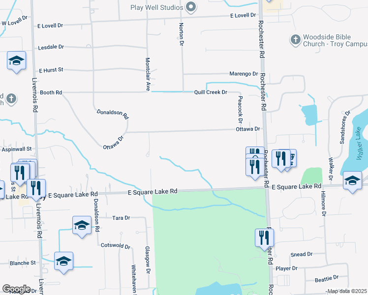map of restaurants, bars, coffee shops, grocery stores, and more near 630 Ottawa Drive in Troy