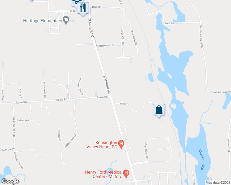 map of restaurants, bars, coffee shops, grocery stores, and more near 3283 South Milford Road in Highland Charter Township